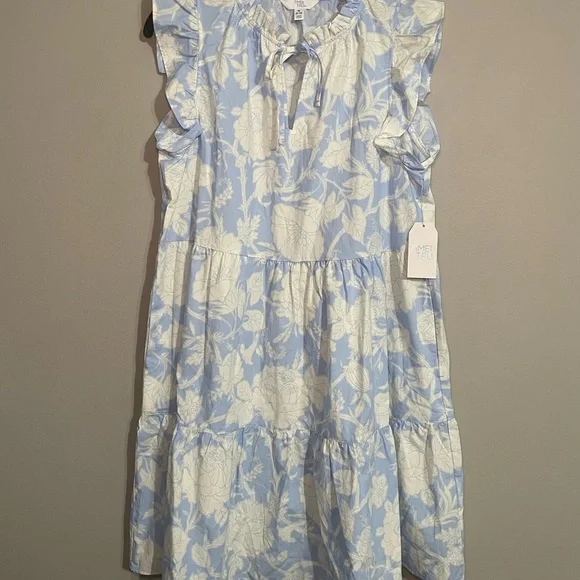 Time and Tru Women’s Blue and White Floral Tiered Mini Dress Medium BNWT - Picture 1 of 6